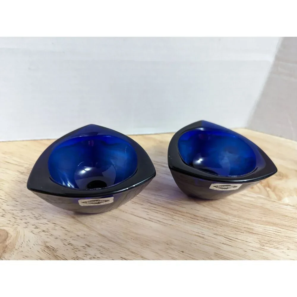 Nuutajarvi‎ Finland glass cobalt blue tea voltive candle holders round triangle